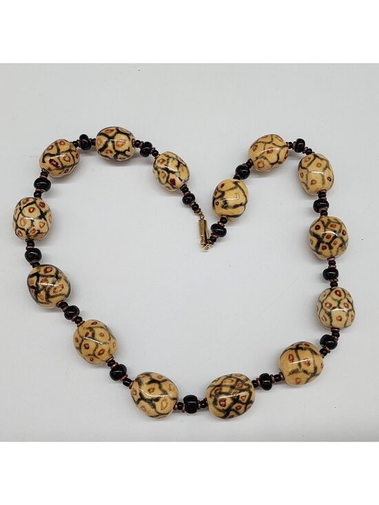 Handmade Jewelry - Vintage Tribal Inspired Ceramic Beaded Necklace With Black & Copper Accents